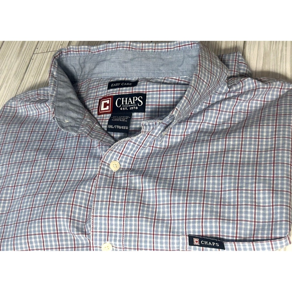 Chaps Shirt‎ Mens 2XLarge Blue Red Easy Care Button Down Check Long Sleeve